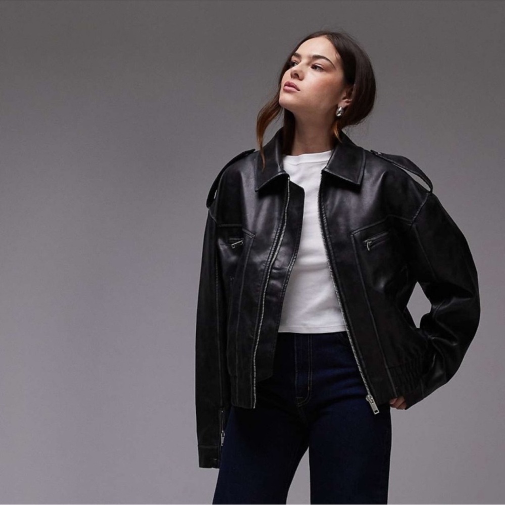 Women's Black Leather Jacket Topshop ASOS Bomber